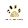 Doodle gold paw print with 2019 text. Happy new year and merry christmas greeting card Royalty Free Stock Photo