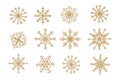 Doodle gold snowflakes on white background