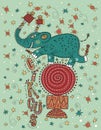 Doodle, green circus elephant acrobat balancing