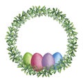 Doodle green foliage round frame with colored eggs. Hand-drawn watercolor illustration isolated on white background Royalty Free Stock Photo