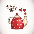 Doodle Greeting Card with red teapot and hearts