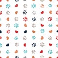 Doodle grey, yellow, turquoise small paw prints with hearts seamless fabric design pattern vector