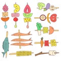 Doodle grill vegetables, fish and fruits Royalty Free Stock Photo