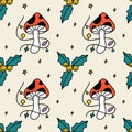 Doodle Groovy Red Mushrooms Xmas New Year Hippie Seamless Pattern Gifts Paper Background