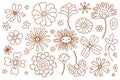 Doodle groovy vector flower set. Hand drawn line floral collection illustrations isolated on white