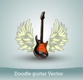 Doodle guitar with wings isolated on white background. Vector