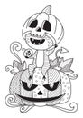 Doodle halloween coloring book page cute monster and pumpkin. Antistress for adults and children. Vector black and white