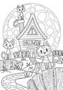 Doodle Halloween coloring book page spooky house and cats on full moon. Antistress for adults and children in zentangle style.