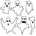 Doodle Halloween ghosts with Boo scary face shape. Spooky ghost white fly fun cute evil horror silhouette for scary october Royalty Free Stock Photo