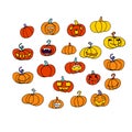 Doodle Halloween scary orange smiling pumpkins Set Royalty Free Stock Photo