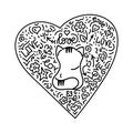 Doodle hand drawing. Cute cat and heart . Vector illustr