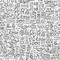 Doodle hand drawing seamless background. Love words, hearts, flowers, abstract elements on white background. Vector illustration Royalty Free Stock Photo