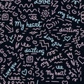 Doodle hand drawing seamless pattern on dark background . Pink and blue Words, phrases of love in Spanish Royalty Free Stock Photo