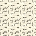 Doodle hand drawing seamless pattern. Words, phrases about love, hearts ribbon, bows . Vector illustration. For fabric, wrapping Royalty Free Stock Photo