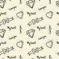 Doodle hand drawing seamless pattern. Words, phrases about love, hearts ribbons, bows, diamonds . Vector illustration