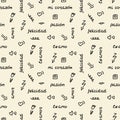 Doodle hand drawing seamless pattern. Words, phrases of love in Spanish, hearts, arrows, flowers, squiggles. Vector illustration Royalty Free Stock Photo