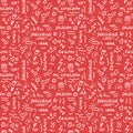 Doodle hand drawing seamless pattern. Words, phrases of love in Spanish, hearts, arrows, flowers, squiggles on a red Royalty Free Stock Photo