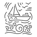 Doodle hand drawing. Vector Background. Waves, spray, yacht, clouds. Royalty Free Stock Photo