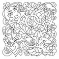 Doodle hand drawing vector illustration. Greeting card template, coloring. Love, hearts, envelope with Valentines, flowers, design