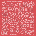 Doodle hand drawing vector illustration. Words of love, hearts, flowers, stars, balloons, design elements on a white background Royalty Free Stock Photo