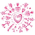 Doodle hand drawn arrows with hearts, design elements for Valentines day