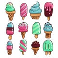 Doodle hand drawn art icecream icons set. Dessert food. Set of various rough simple ice cream color outline sketches. Textured Royalty Free Stock Photo