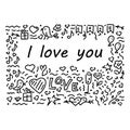 Doodle hand-drawn background, frame and text. I love you, inscription . The outline of love Royalty Free Stock Photo
