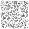 Doodle hand drawn background. Love words, hearts, flowers, abstract elements. Monochrome Vector illustration Royalty Free Stock Photo