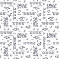 Doodle hand drawn background, vector seamless pattern . Theme of love . Hearts, arrows, love inscriptions, flowers and other Royalty Free Stock Photo