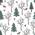 Doodle hand drawn birch and fir trees forest and deers. Cartoon flat Scandinavian style, design textile fabric, wrapping