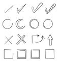 Doodle Hand drawn check signs. Doodle v mark for list items, check box chalk icons and sketch check marks. Vector checklist marks