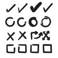 Doodle Hand drawn check signs. Doodle v mark for list items, check box chalk icons and sketch check marks. Vector checklist marks