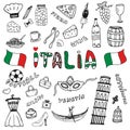 Doodle hand drawn collection of Italy icons. Italy culture elements for design. Vector travel set. Handwriting Italia lettering in