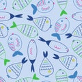 Doodle hand drawn different fishes on seamless background. Cartoon style. Colorful lines Pattern. Royalty Free Stock Photo