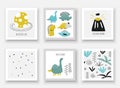 Doodle hand drawn dinosaurs collection. Card, postcards, wall pictures with Jurassic period egg, volcano, plants Royalty Free Stock Photo