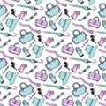 Doodle hand drawn fashion accessories and handbags seamless pattern in blue and pink pastel colors. Sketch shopping background Royalty Free Stock Photo