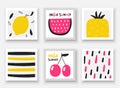 Doodle hand drawn fruits collection. Summer cards, tags, frames with watermelon, cherry, pineapple, lemon