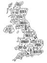 Doodle hand drawn Great Britain map. detailed reliable map with cities. Symbols, known associations. cartoon landmarks, tourist Royalty Free Stock Photo