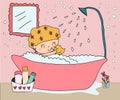 Doodle hand drawn happy girl take shower in bathtub