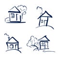 Doodle hand drawn houses. Pencil vector sketch. Dark blue houses