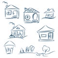 Doodle hand drawn houses. Pencil vector sketch. Dark blue houses