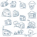 Doodle hand drawn houses. Pencil vector sketch. Dark blue houses Royalty Free Stock Photo