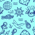 Doodle hand drawn nautical seamless pattern illustration with knots Lifebuoy and lettering welcome aboard Royalty Free Stock Photo