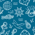 Doodle hand drawn nautical seamless pattern illustration with knots Lifebuoy and lettering welcome aboard Royalty Free Stock Photo