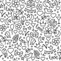 Doodle hand drawn seamless pattern. Love words, hearts, flowers, abstract elements. Monochrome Vector illustration for backdrop, Royalty Free Stock Photo