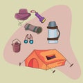 doodle hand drawn set of camping accessories Royalty Free Stock Photo