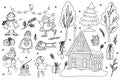 Doodle hand drawn set with funny snowmen, snow trees, house and Christmas decorations Royalty Free Stock Photo