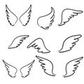 Doodle hand drawn Sketch angel wings. Angel feather wing, bird tattoo silhouette. Linear fly winged angels, flying heaven cartoon