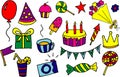 doodle hand drawn vector cartoon birthday elements with gift box, lollipop, cake and cupcake, flowers, crown, balloon