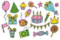 doodle hand drawn vector cartoon birthday elements with gift box, lollipop, cake and cupcake, flowers, crown, balloon